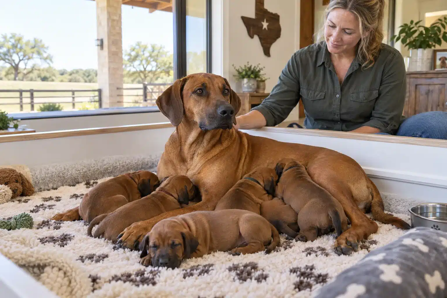 Rhodesian Ridgeback mother resting with her litter of puppies and breeder nearby