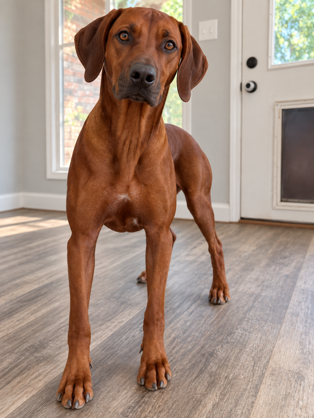 Delilah, a female Rhodesian Ridgeback, standing indoors