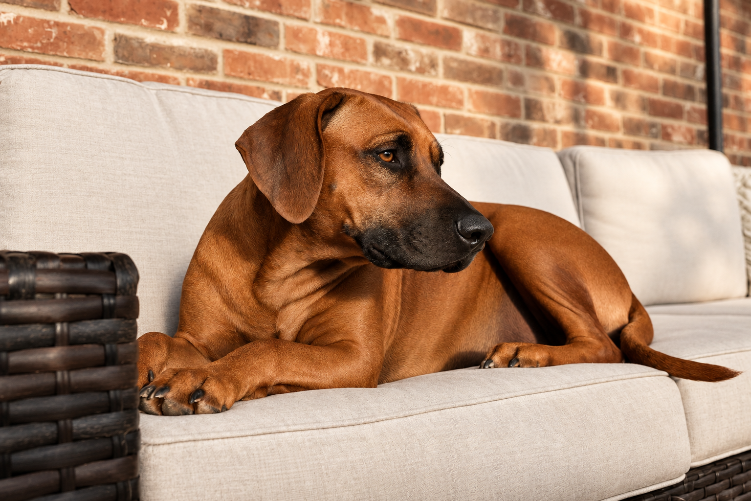 Ivy, a female Rhodesian Ridgeback, relaxing outdoors