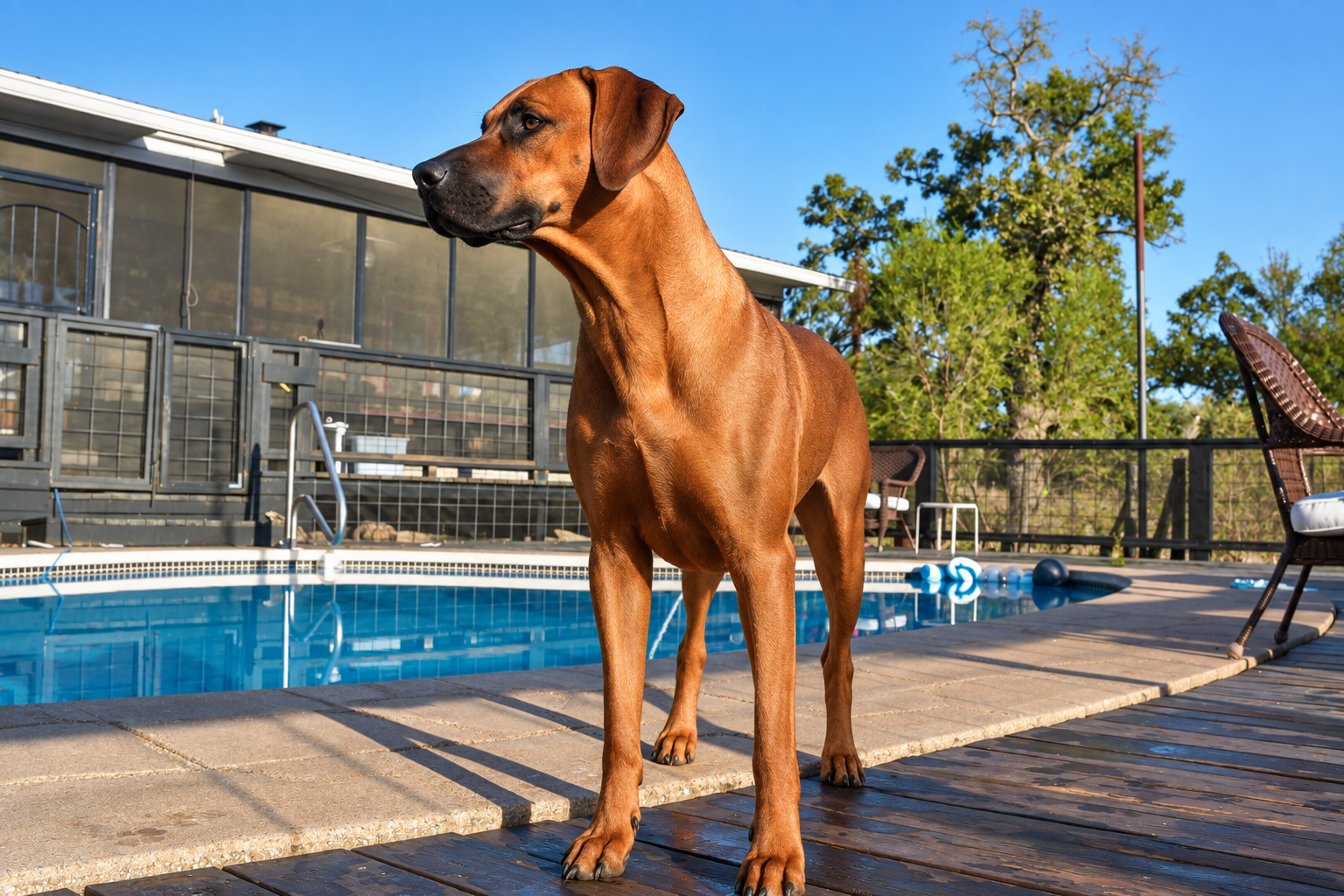 Ivy, a female Rhodesian Ridgeback, standing poolside