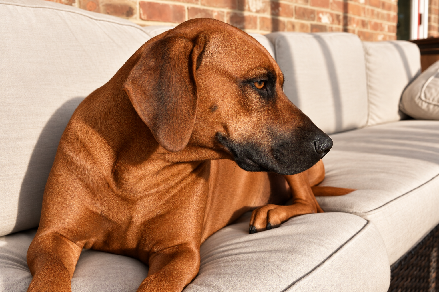 Side-profile portrait of Ivy the Rhodesian Ridgeback