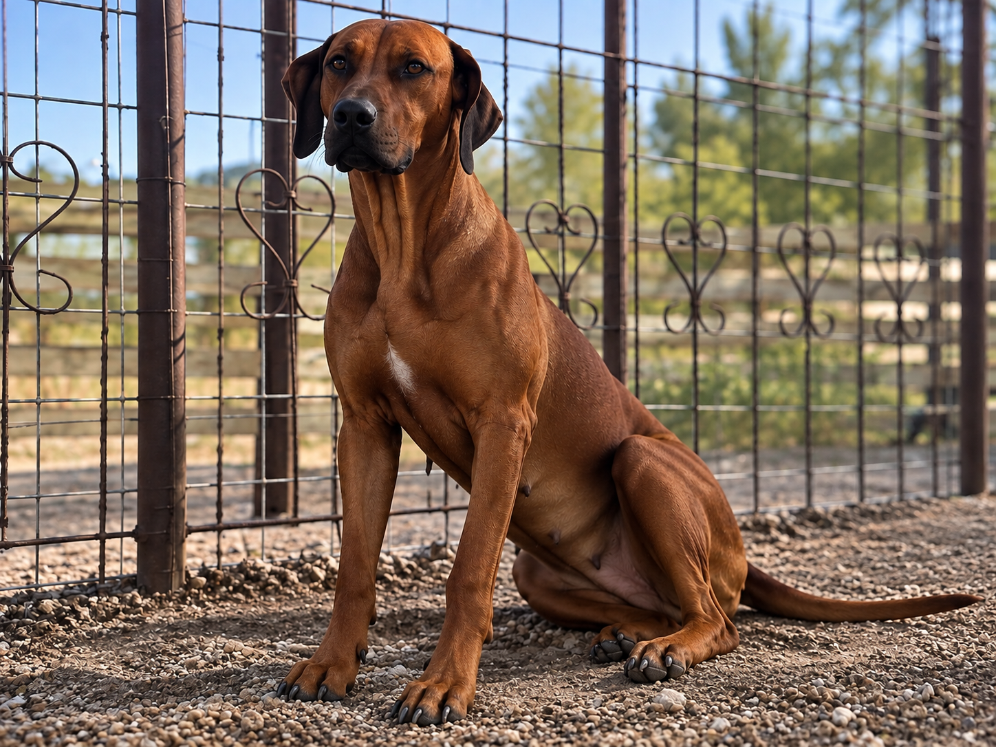 Josie the Rhodesian Ridgeback sitting beside a ranch fence