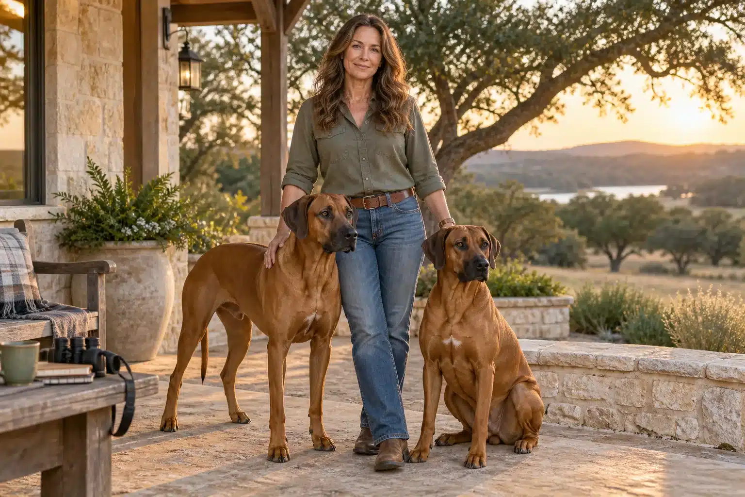 Experienced breeder standing with two adult Rhodesian Ridgebacks in the Texas Hill Country