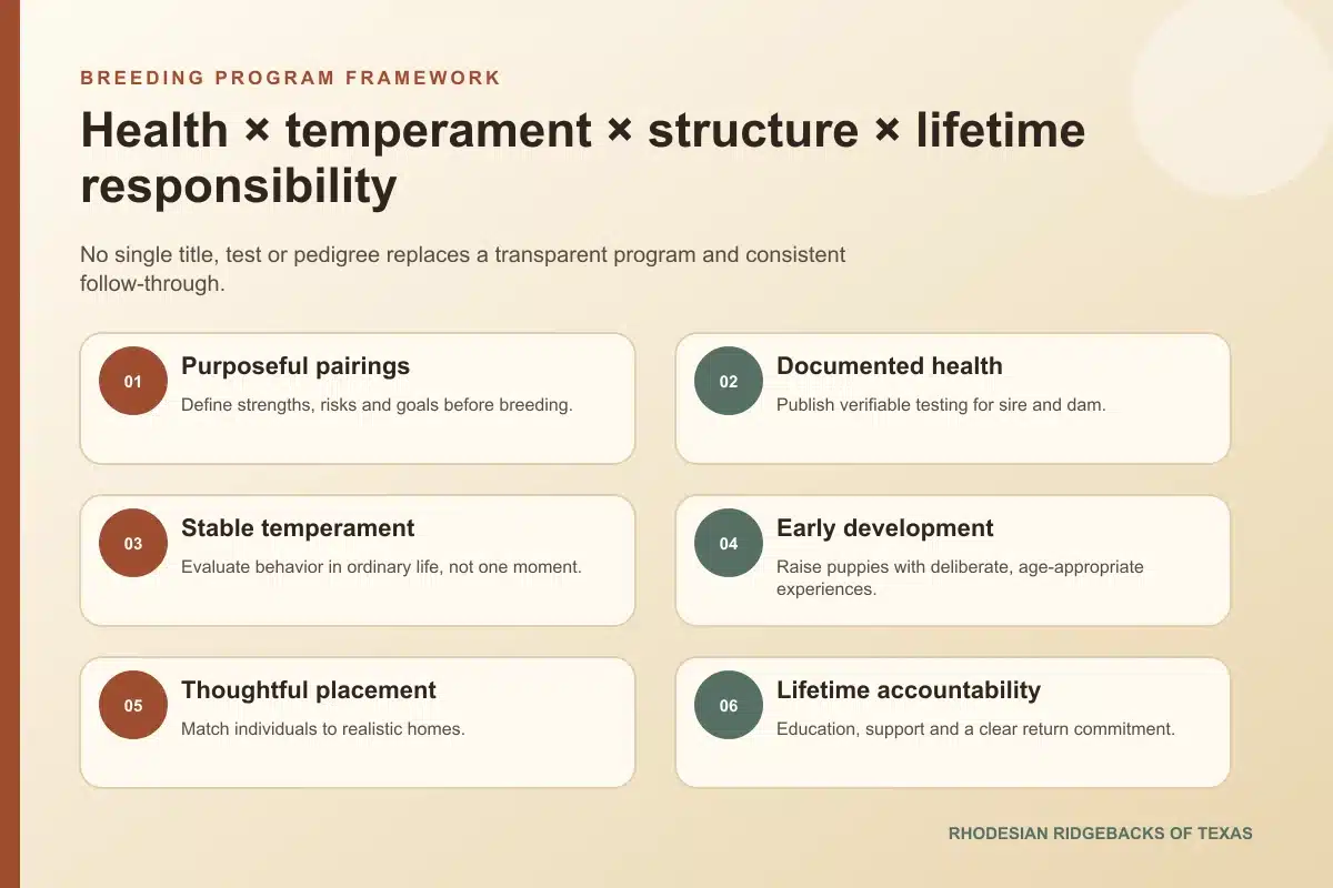 Rhodesian Ridgeback breeding philosophy framework covering health temperament structure and support
