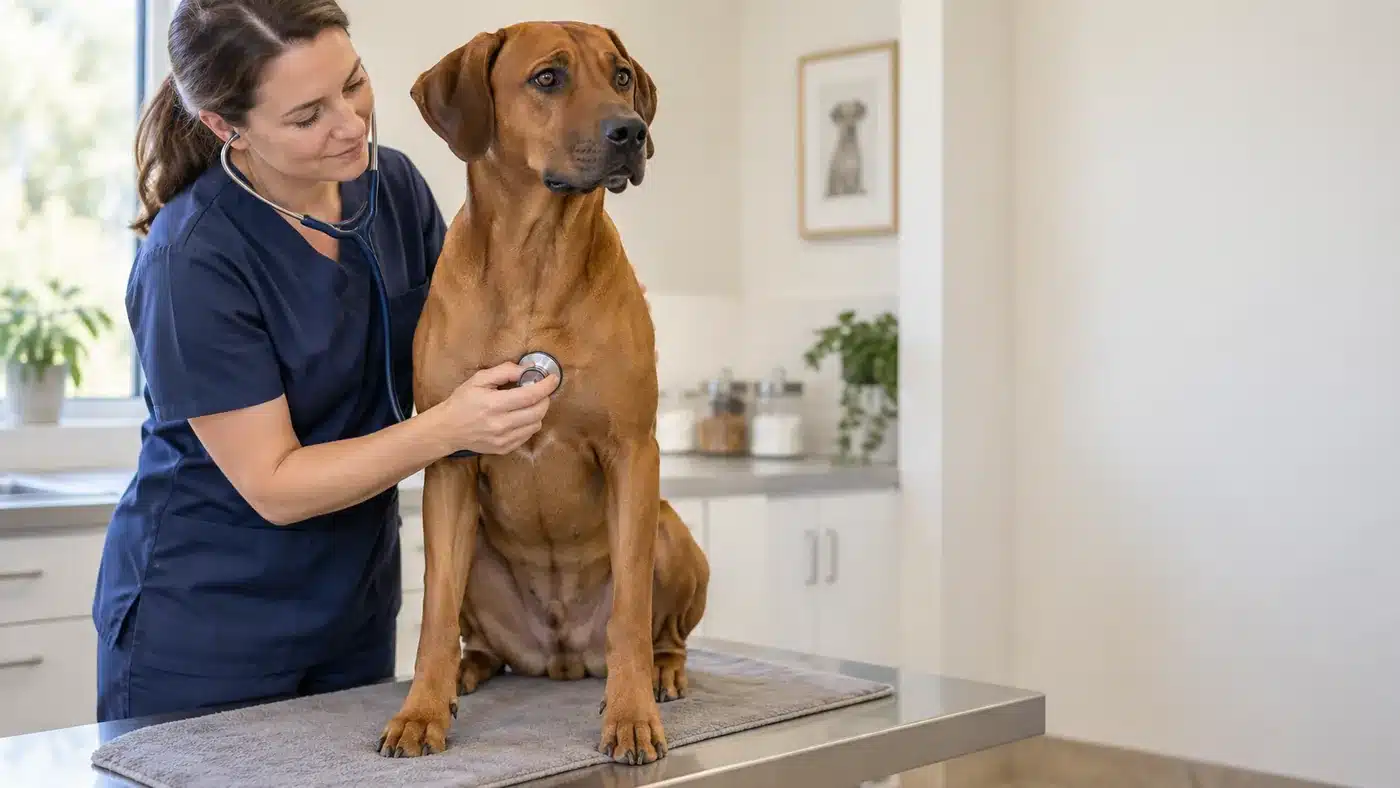 Veterinarian listening to a Rhodesian Ridgeback’s heart during a health examination