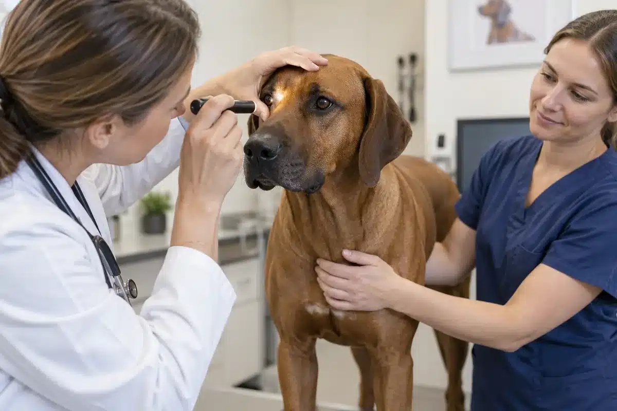 Veterinarian examining a Rhodesian Ridgeback’s eyes during a preventive health screening