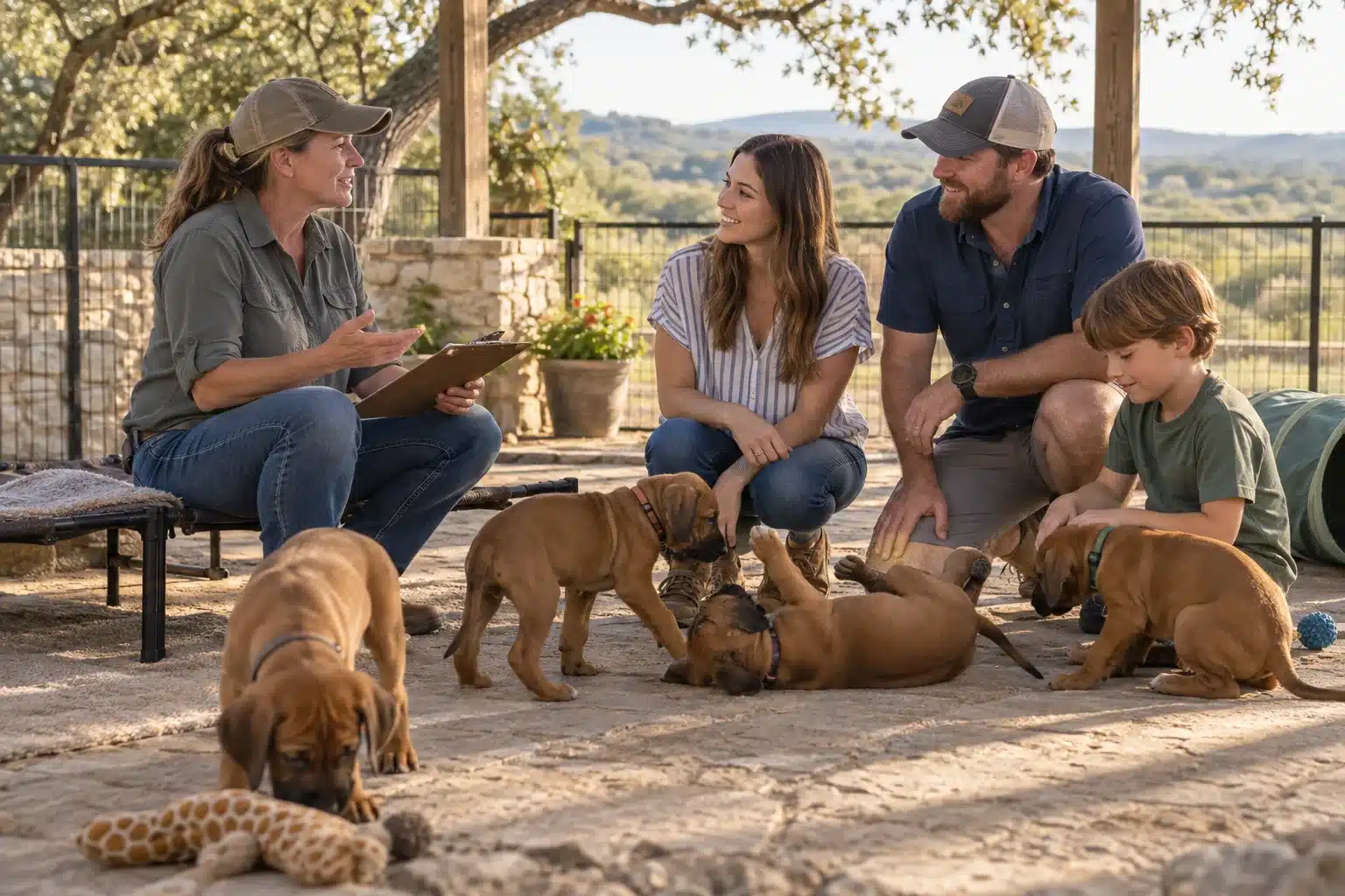 Breeder discussing Rhodesian Ridgeback puppy matching with a family